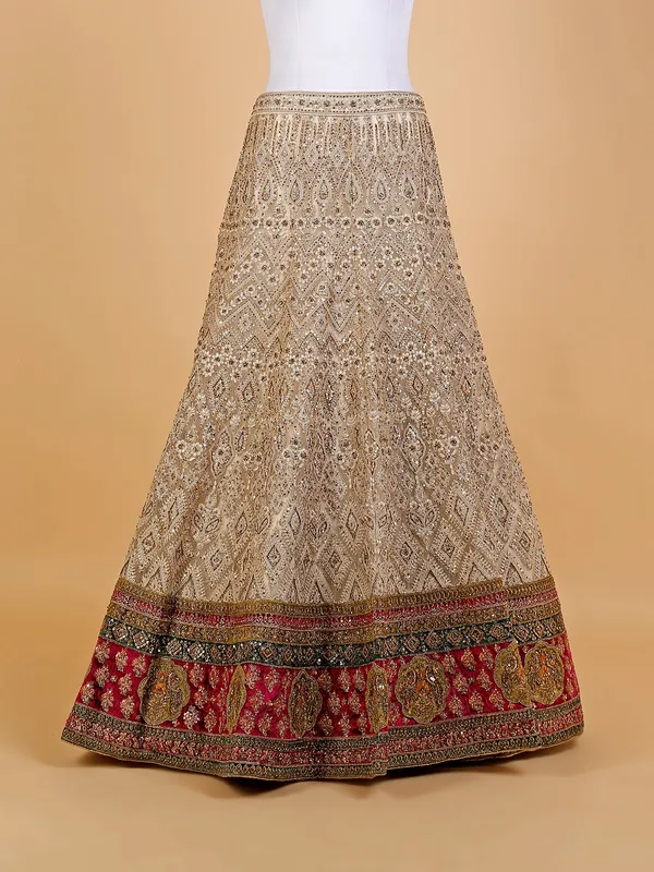 Beige and maroon net bridal lehenga choli