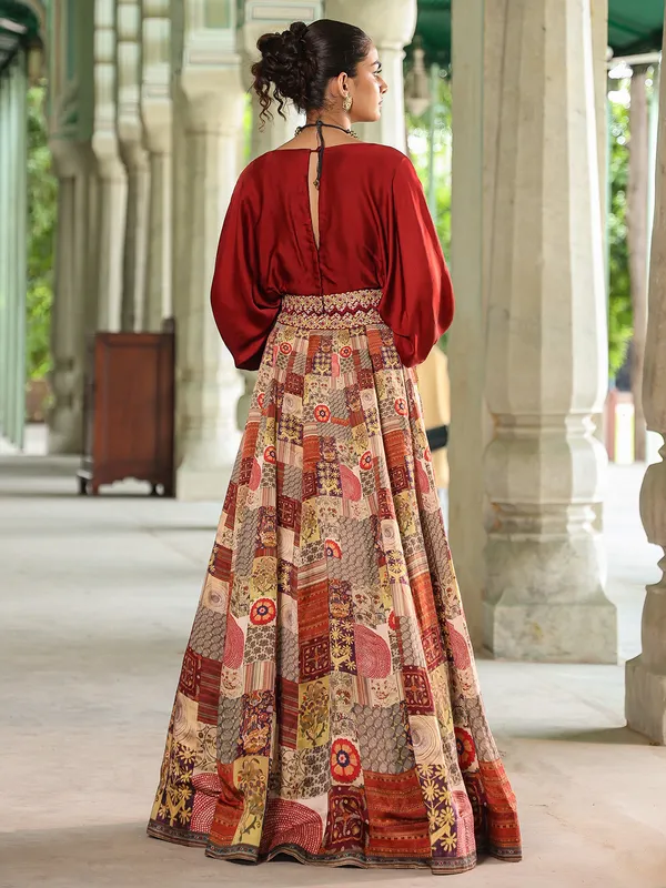 Beige and maroon printed silk lehenga choli