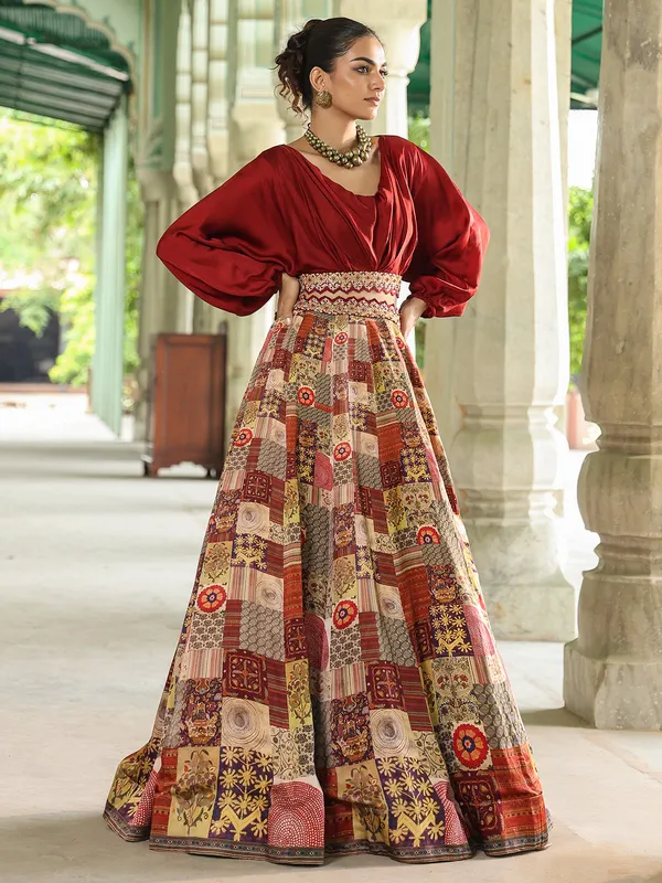 Beige and maroon printed silk lehenga choli