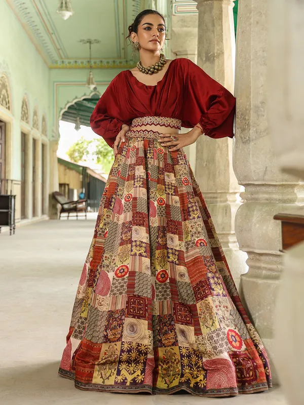 Beige and maroon printed silk lehenga choli