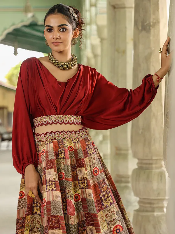 Beige and maroon printed silk lehenga choli