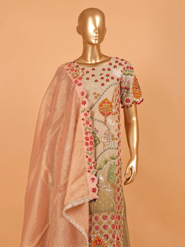 Beige and olive cotton silk palazzo suit