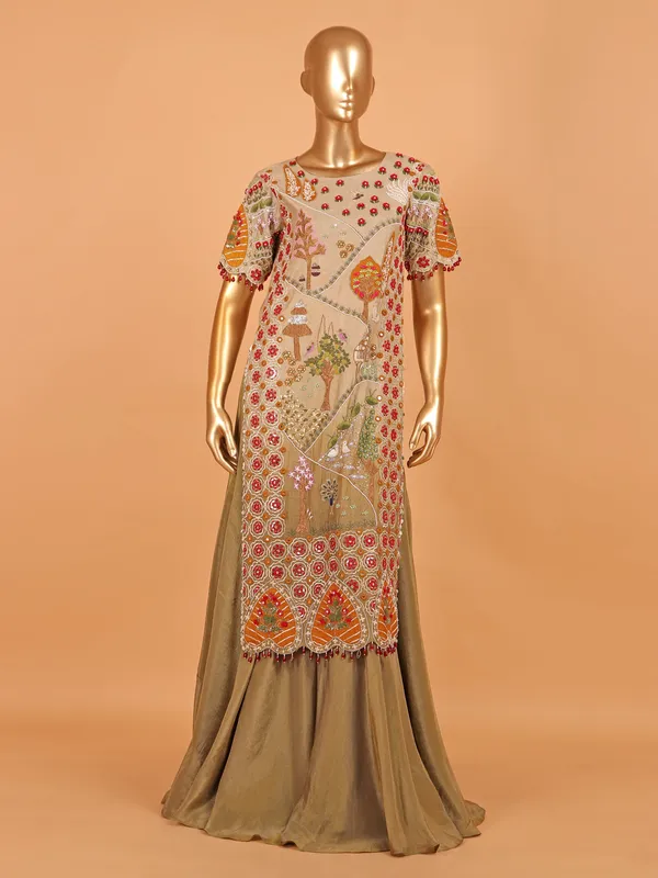 Beige and olive cotton silk palazzo suit