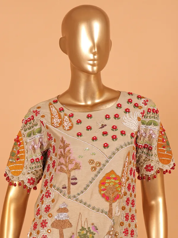 Beige and olive cotton silk palazzo suit