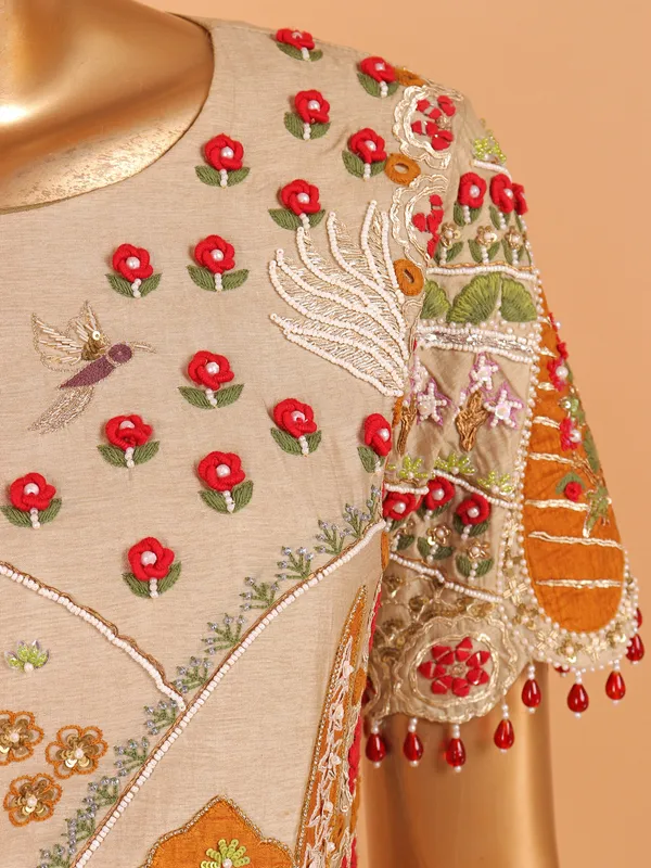 Beige and olive cotton silk palazzo suit