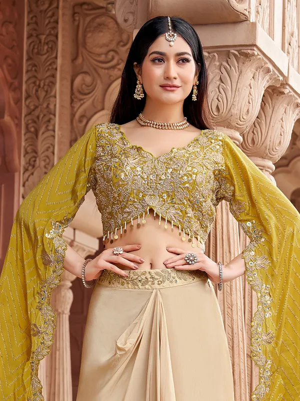 Beige and olive satin silk indo western Suit