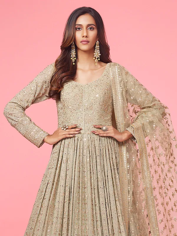 Beige and olive shaded georgette anarkali suit