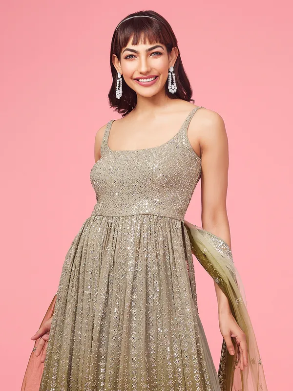 Beige and olive shaded georgette palazzo suit