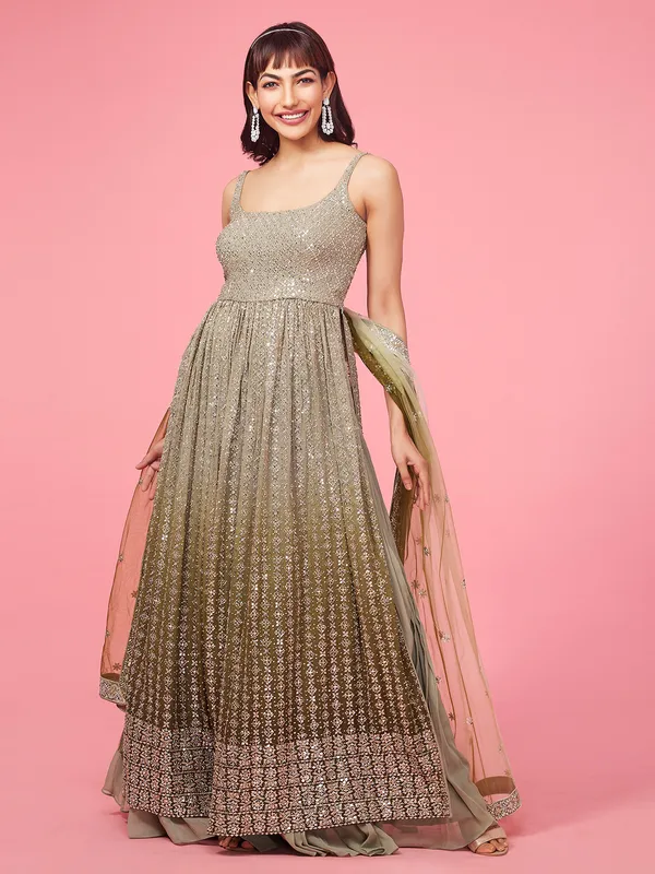 Beige and olive shaded georgette palazzo suit