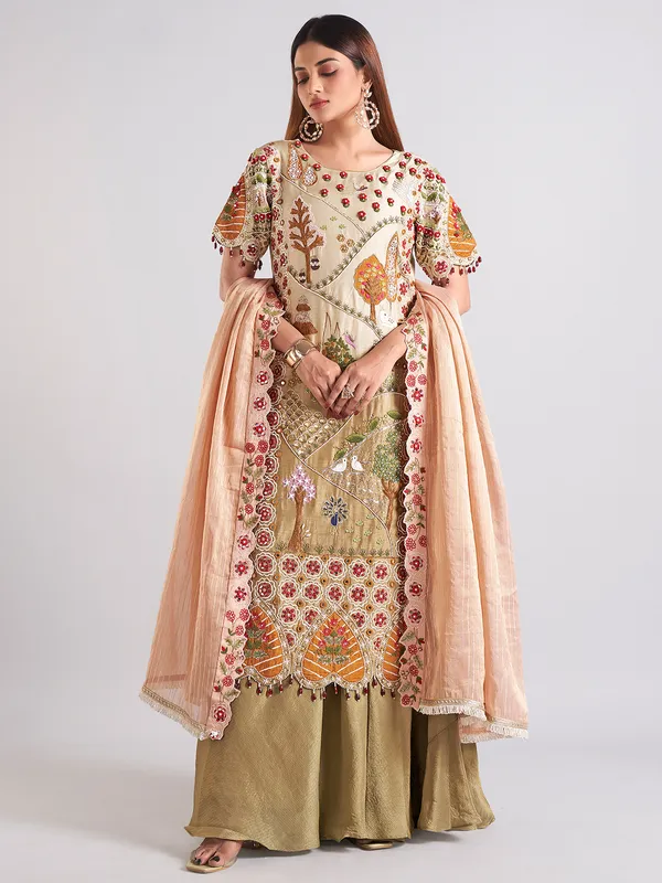 Beige and olive silk palazzo salwar suit