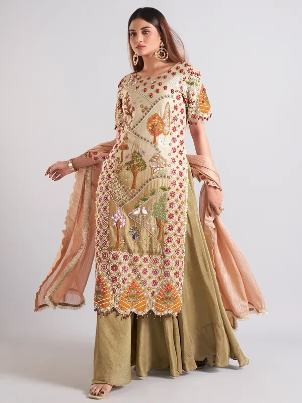 Beige and olive silk palazzo salwar suit