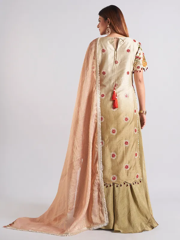 Beige and olive silk palazzo salwar suit