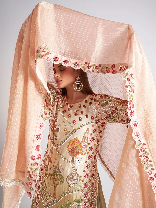 Beige and olive silk palazzo salwar suit
