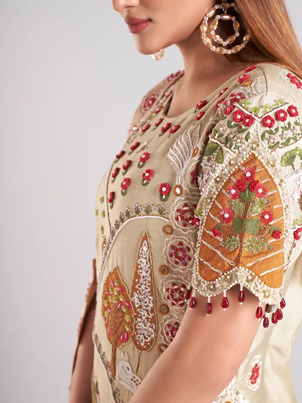 Beige and olive silk palazzo salwar suit