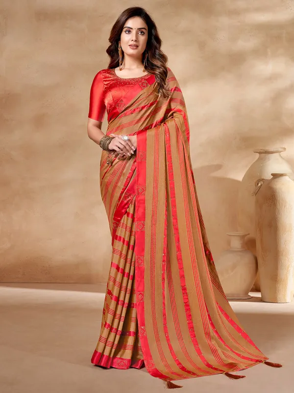 Beige and orange brasso saree