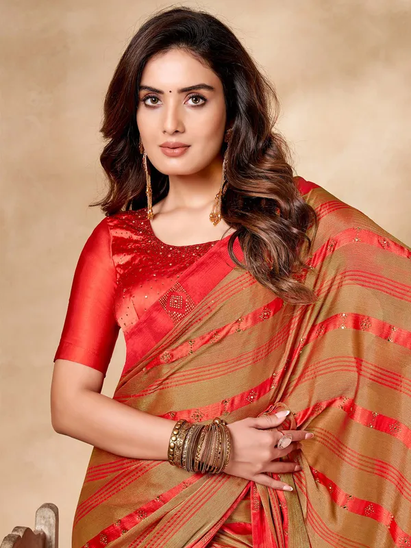 Beige and orange brasso saree