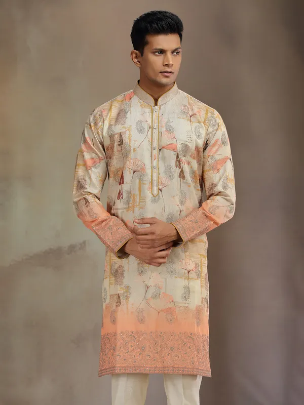 Beige and peach printed kurta pajama in cotton tissue silk