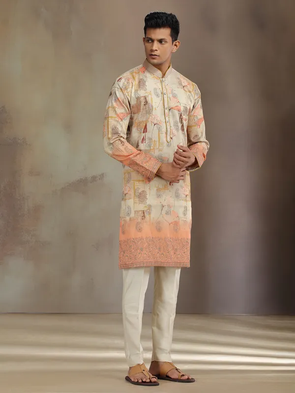 Beige and peach printed kurta pajama in cotton tissue silk