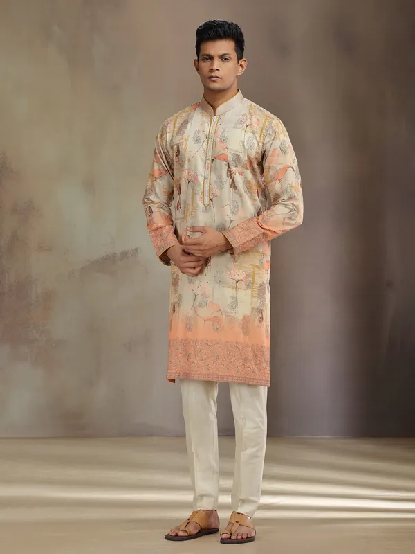 Beige and peach printed kurta pajama in cotton tissue silk