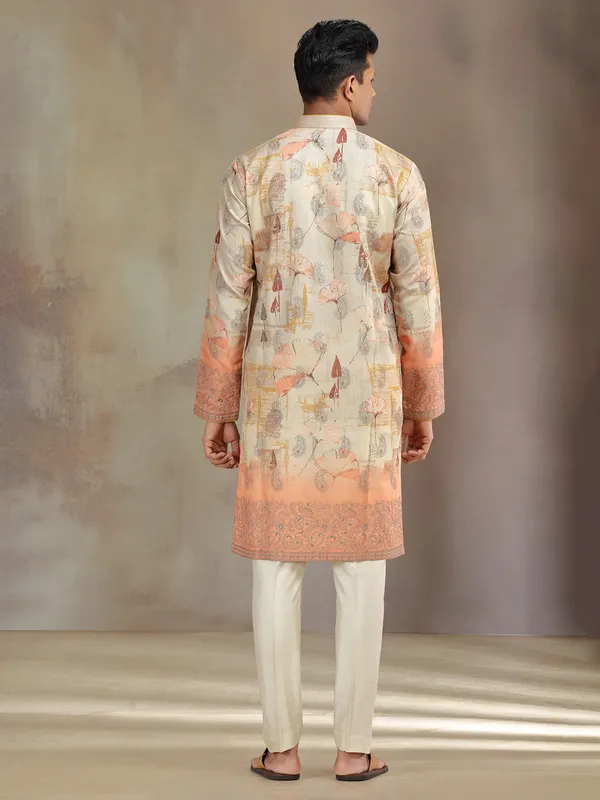 Beige and peach printed kurta pajama in cotton tissue silk