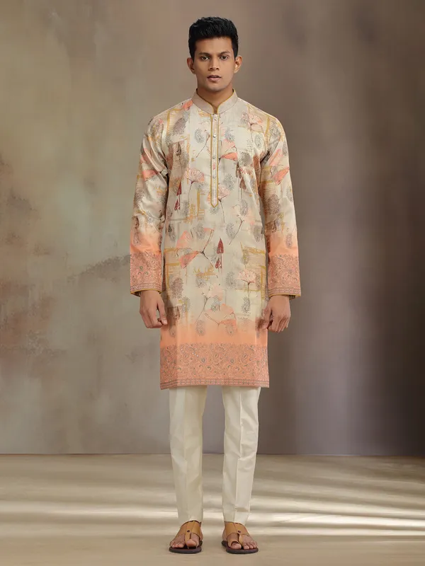 Beige and peach printed kurta pajama in cotton tissue silk