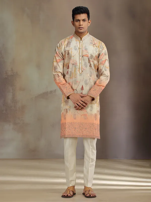 Beige and peach printed kurta pajama in cotton tissue silk