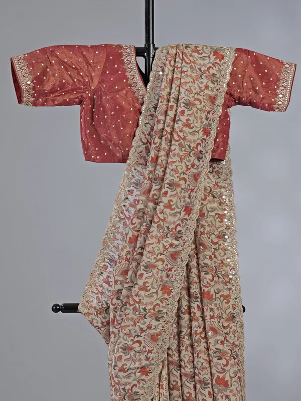 Beige and peach silk printed zardosi saree