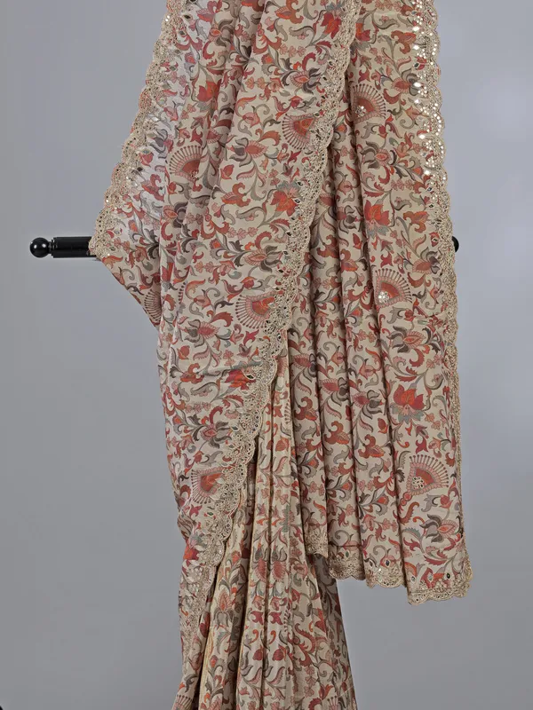 Beige and peach silk printed zardosi saree