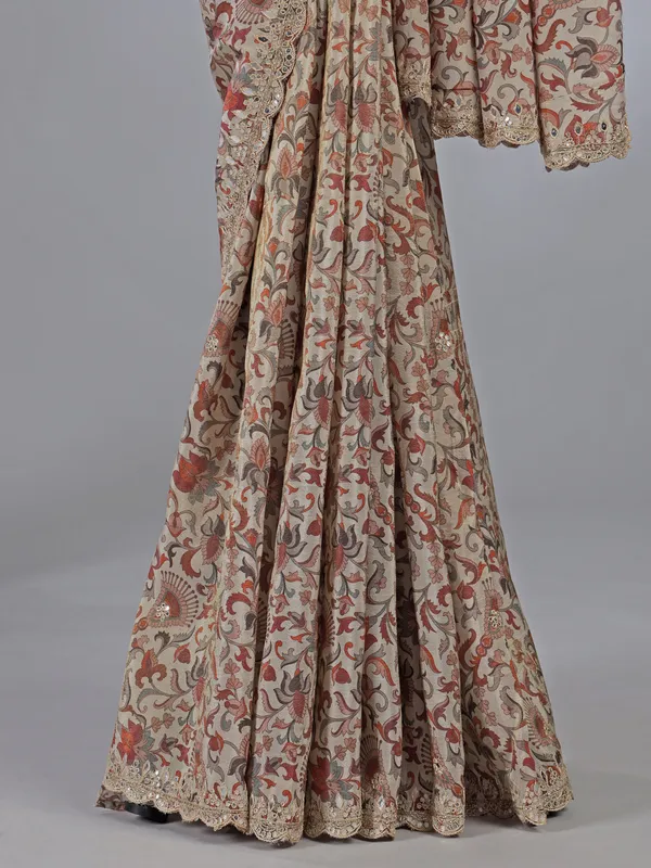 Beige and peach silk printed zardosi saree