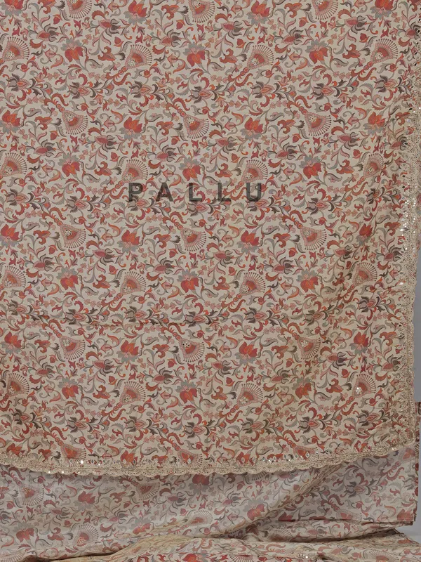 Beige and peach silk printed zardosi saree