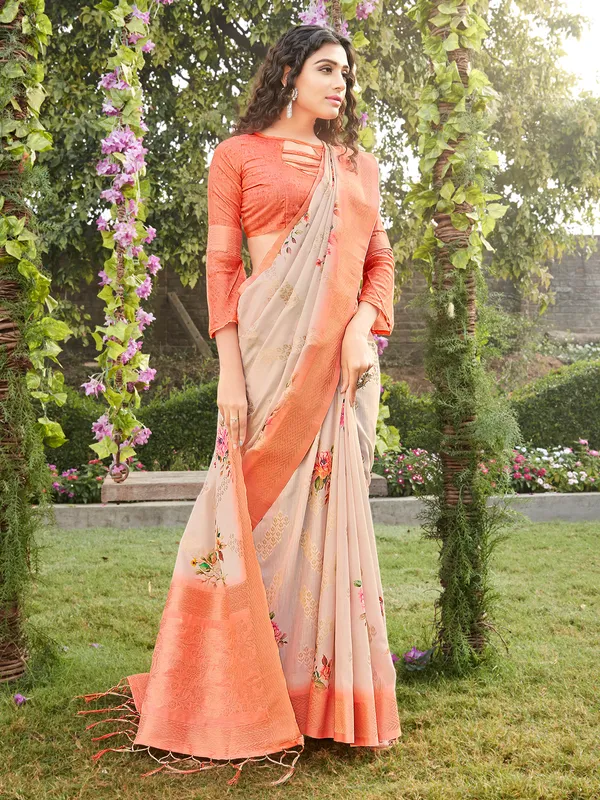 Beige and peach soft silk floral printed saree