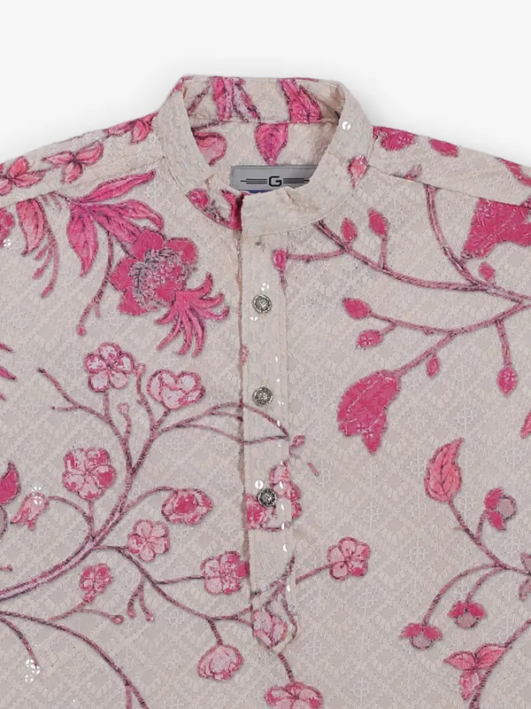 Beige and pink cotton silk kurta for festive
