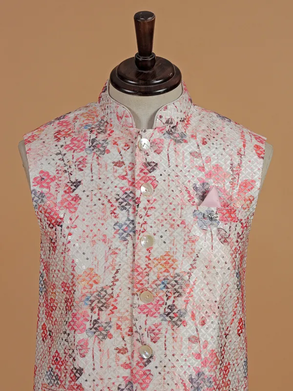 Beige and pink cotton silk printed waistcoat