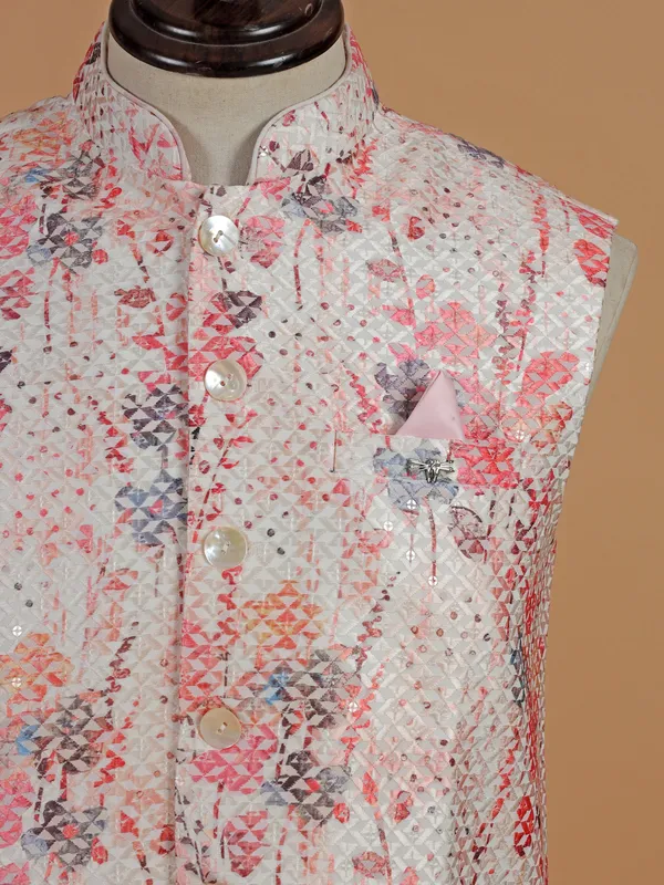 Beige and pink cotton silk printed waistcoat