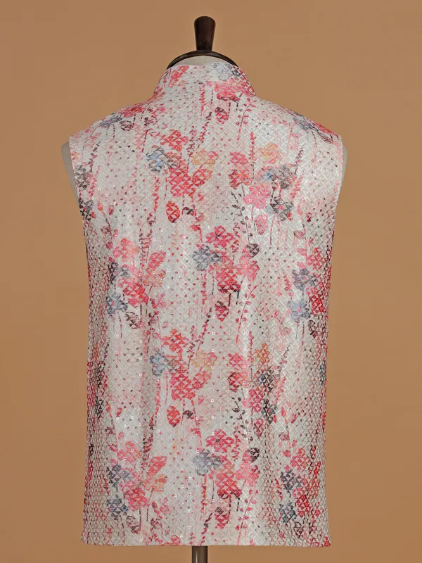 Beige and pink cotton silk printed waistcoat