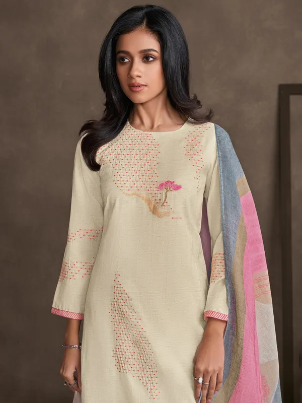 Beige and pink cotton silk thread worked salwar suit