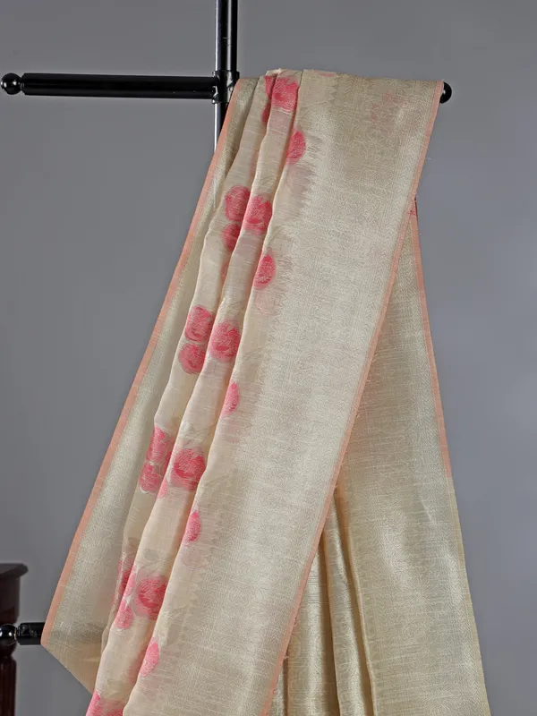 Beige and pink printed semi cotton silk saree for women