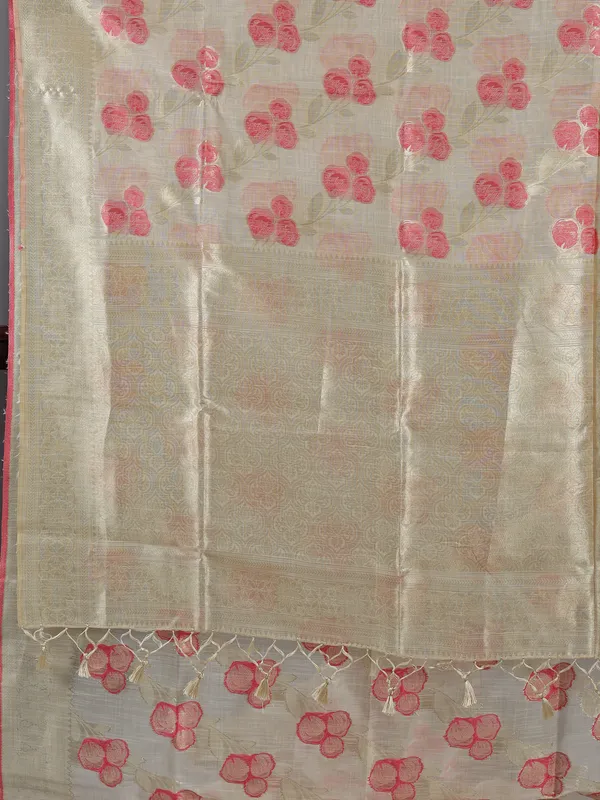 Beige and pink printed semi cotton silk saree for women