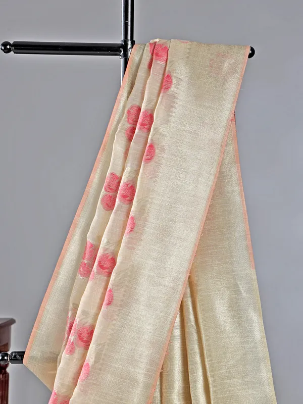 Beige and pink printed semi cotton silk saree for women