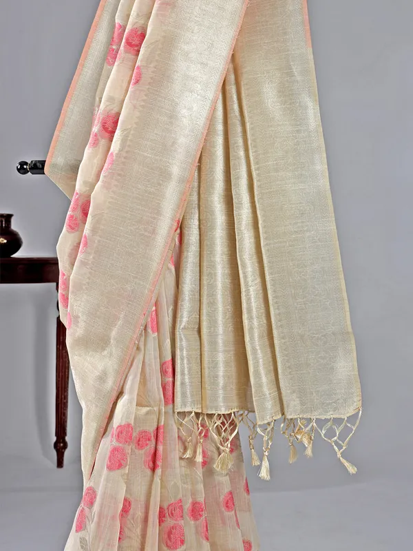 Beige and pink printed semi cotton silk saree for women