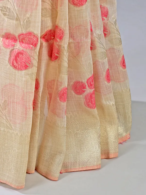 Beige and pink printed semi cotton silk saree for women