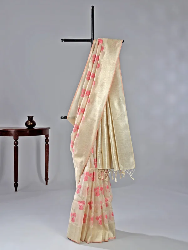 Beige and pink printed semi cotton silk saree for women