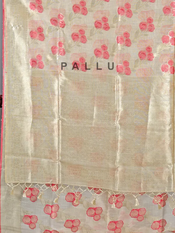 Beige and pink printed semi cotton silk saree for women