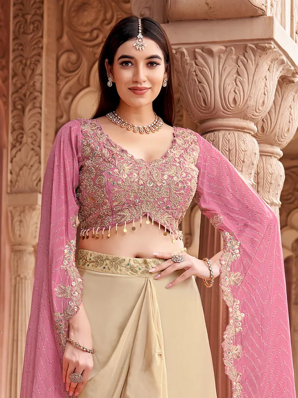 Beige and pink satin silk indo western suit