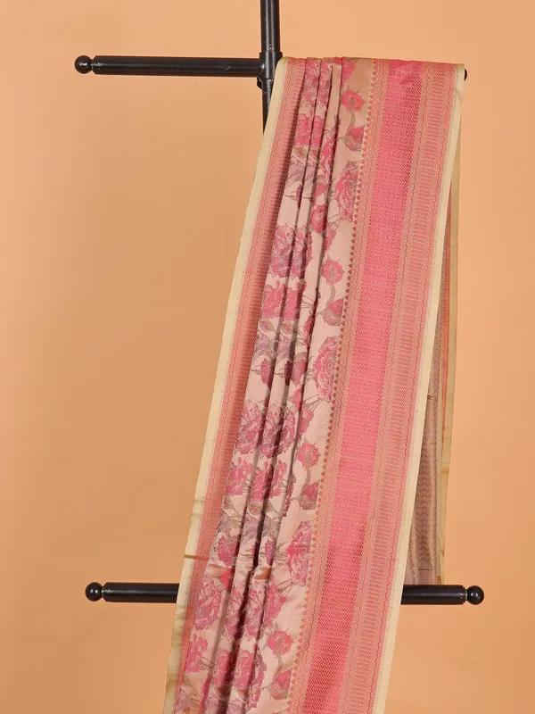 Beige and pink silk saree with zari work