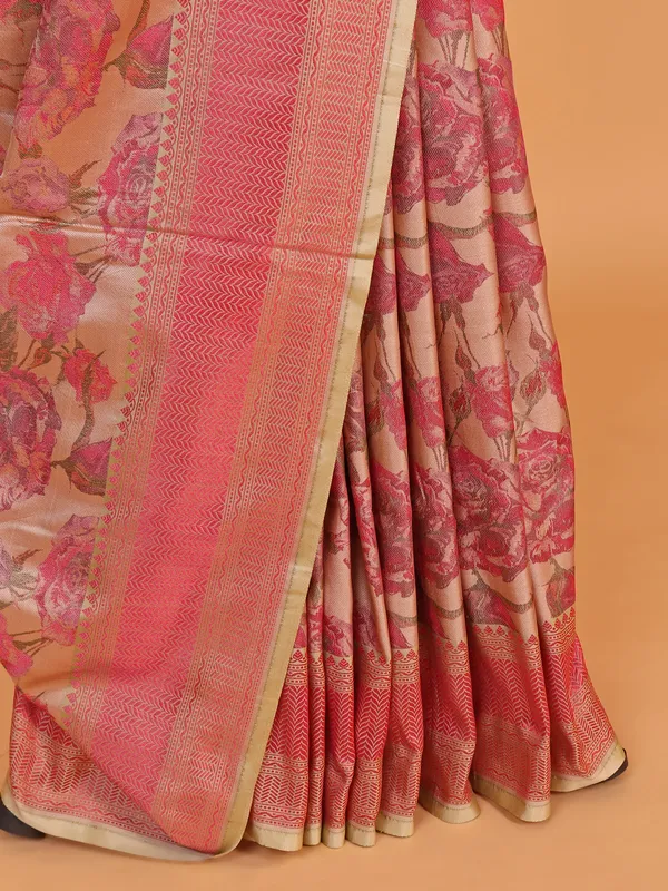 Beige and pink silk saree with zari work