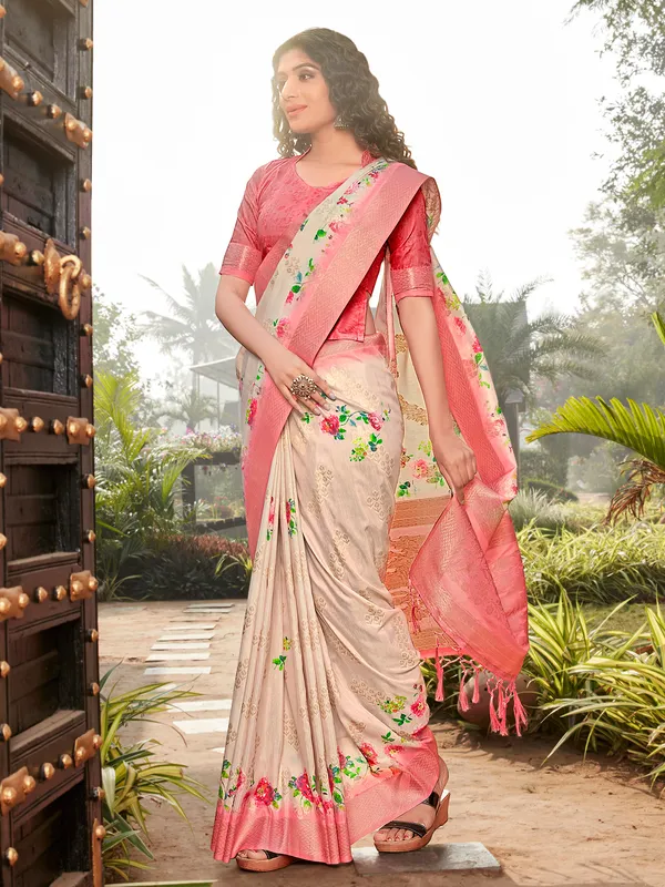 Beige and pink soft silk printed saree
