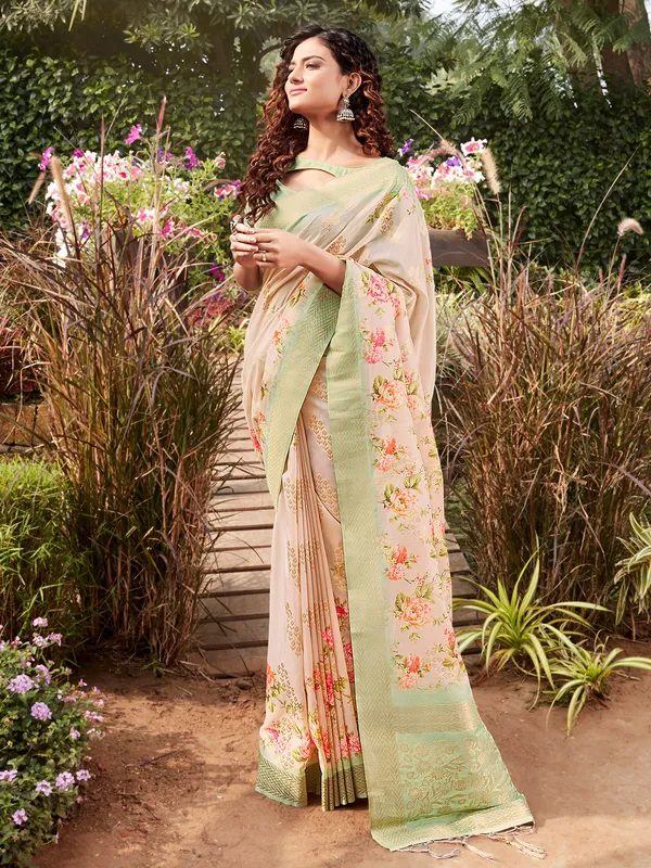 Beige and pista green floral printed silk saree
