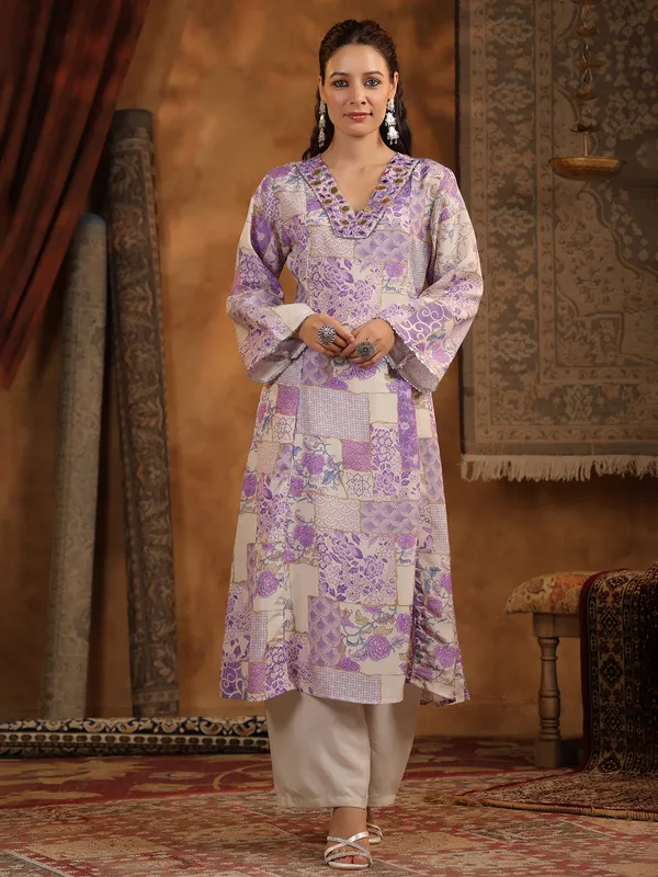 Beige and purple cotton silk kurti set