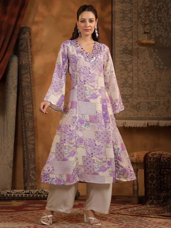 Beige and purple cotton silk kurti set
